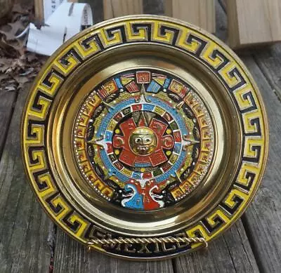 Vintage Mexico Aztec Mayan Brass Enamel Calendar 11  Wall Plate W/ Hanger • $9.99