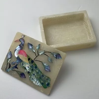 Vtg Marble Trinket Box Mosaic Peacock Inlay Made In India Vanity Bird Tropical • $24