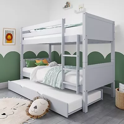 Single Bunk Bed Detachable Light Grey Wooden With Trundle Bed And Ladder • £309.92