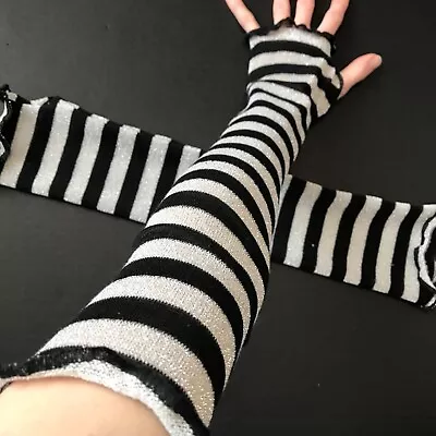 Glitter Striped Arm Warmers Black Armwarmers Silver Gloves Gothic Dance Costume • $14