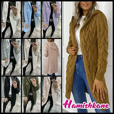 £24.93 • Buy Womens Chunky Cable Knitted Hooded Cardigan Long Ladies Oversize Cape Jumper Top