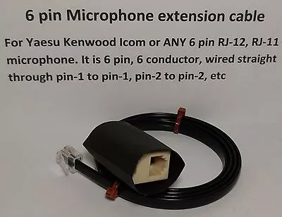 MICROPHONE EXTENSION CABLE 6 PIN RJ12 RJ-12 MODULAR YAESU ICOM KENWOOD 3 Feet • $8.95