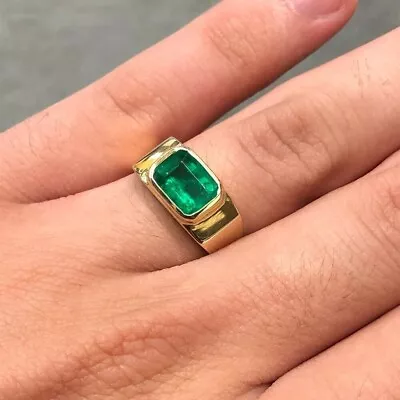Bezel Set Natural Green Emerald Men Solitaire Wedding Ring Real 14K Yellow Gold • $2992