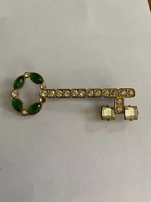 Vintage Gold Tone Key Rhinestone 3.25  Pin Brooch Green White • $14.99