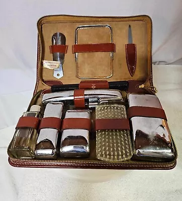 Vtg Men's Travel Grooming Kit Cowhide Leather Case Toiletry Kit - A10 • $22