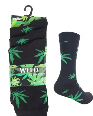 3 Pack Mens Leaf Weed Cotton Black Cannabis Ganja Marijuana Socks Size 6-11 UK • £3.95