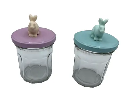 Clear Glass Apothecary Mason Jars Lot 2 Pink Blue Bunny Rabbit Easter Spring • $11.97