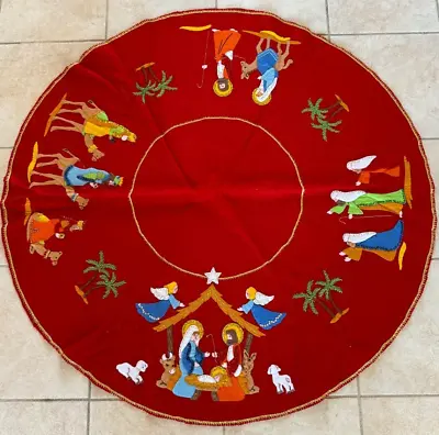 Vintage Bucilla Christmas Tree Skirt Nativity RED Felt Sequins Completed • $79.99