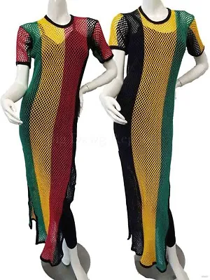 Ladies Riana Rasta Jamaica Striped Side Split String Knitted Maxi Dress Hip Hop • £19.99