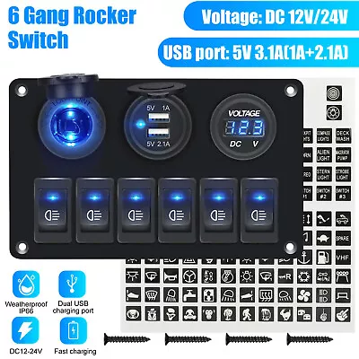 6 Gang Blue LED Toggle Rocker Switch Panel Dual USB For Car Boat Marine RV Truck • $23.98