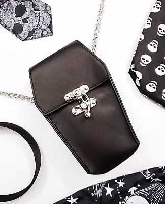 £16.99 • Buy Black Coffin Shaped Gothic Zip & Buckle Chain Crossbody Strap Bag Vampire Emo
