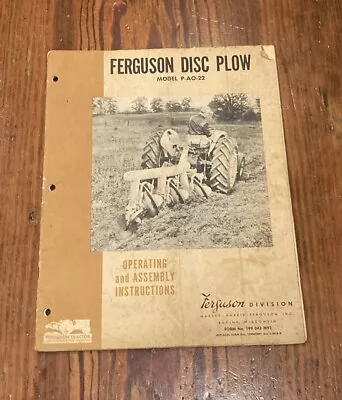 1955 Massey Ferguson Disc Plow Operating And Assembly Instructions P-AO-22 Book • $16.99