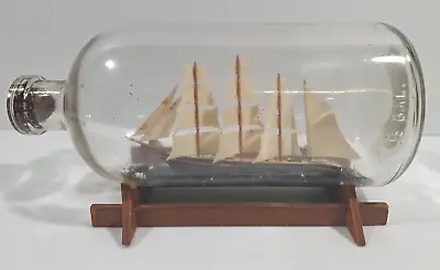 Vintage Ship In A Bottle 10  Handmade Quadruple Sail Mast 1/2 Gal W/ Wooden Base • $150