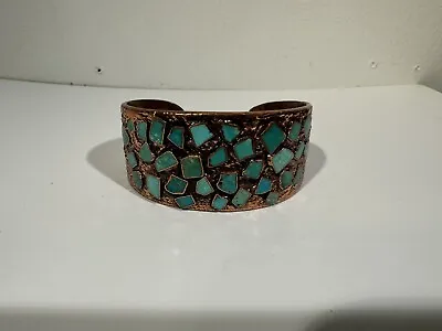 Vintage Copper Cuff  Bracelet Bell Turquoise Cluster 1 1/4 In  Offers Consider • $80