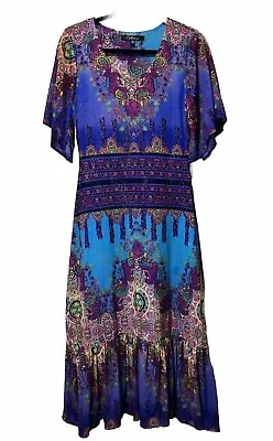 Bohemian Ladies Turquoise Purple Floral Dress Ruffle Hem Size 6 Festival Frida • $21.49