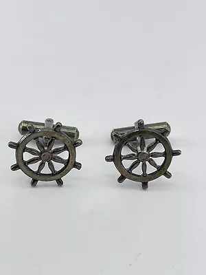 Ship Wheel Mens Cufflinks Bronze Color Nautical Marine Helm Metal Wood Look 1  • $11.15