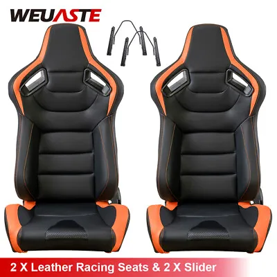 2x Racing Seats Black Faux Leather + Orange Stitching Adjustable Seats 2 Sliders • $393.79