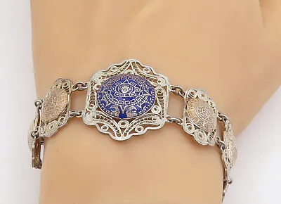 MEXICO 925 Silver - Vintage Filigree Aztec Sun Calendar Chain Bracelet - BT2733 • $85.97