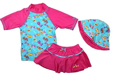 £14.99 • Buy UV SKINZ Girls 3 Piece SWIM SET Top Briefs Hat UPF 50+ Sun Protection Suit PINK 
