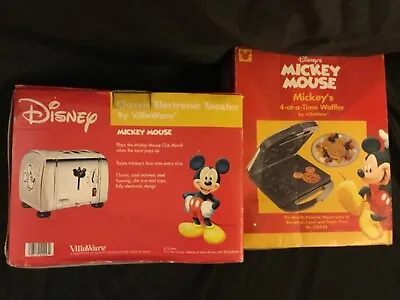 Disney VillaWare Mickey Mouse 4 At A Time Waffler & Matching Musical Toaster NEW • $219.99