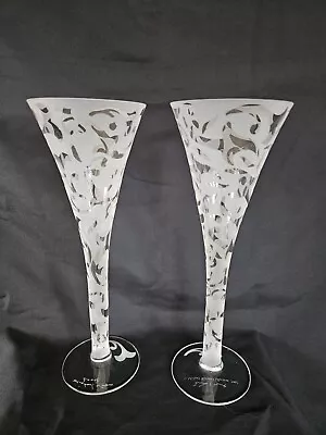 MICHAEL WEEMS - Hand Blown Etched Champagne Flutes - 11  - Signed - Set Of 2 • $145