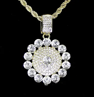 Men's Iced Round Medallion CZ Pendant 24  Rope Chain 14k Gold Plated Hip Hop  • $9.49