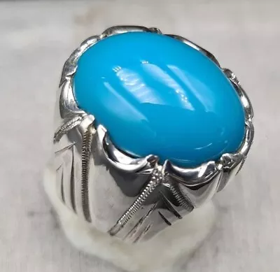 Turquoise Man Ring Oval Shape Stone 925 Sterling Silver Size 9 Feroza Jewelry • £240.25