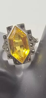 Vintage Art Deco Sterling Silver Marcasite Marquise Citrine Size 6.5 Ring 4.2g • $45