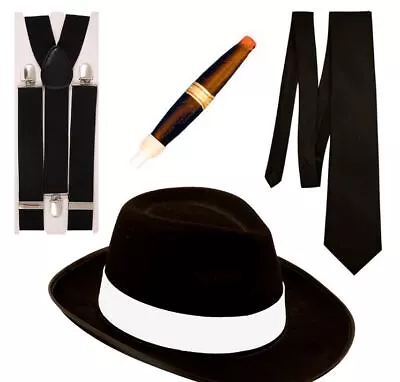 Mens Gangster 1920s Fancy Dress Hat Braces Tie Cigar Mafia Costume Stag Outfit • £16.95