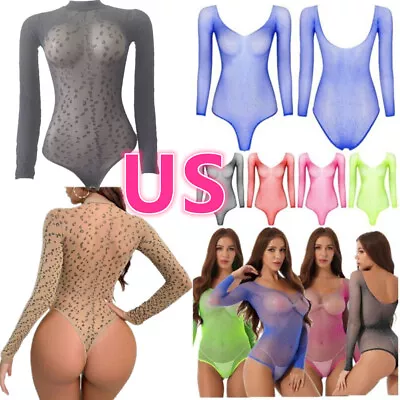 US Women Mesh Sheer Leotard See Through Bodysuit Mock Neck Long Sleeve Jumpsuit • $8.58