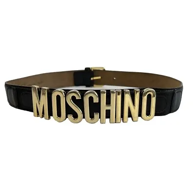 Vintage Moschino Black Leather Metal Spellout Letters Belt Redwall Made Italy • $158.67