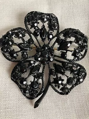 Vintage  Signed M Jent Black Rhinestone Flower  Brooch • $12.50