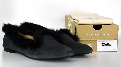 B4 Auth CHATELLES PARIS Simeon Suede W/Black Feather Trim Slippers Shoes Size 42 • $89.99