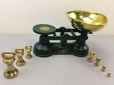 Vintage The Salter Staffordshire Gold Tone Green Kitchen Scale 7 Weights England • $139