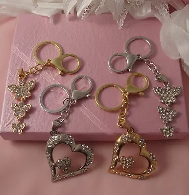 Gold Or Silver Heart Or Butterfly Phonehandbag Keyring Crystal Large Charm • £3.14