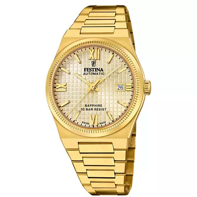 FESTINA Swiss Made AUTO 40MM Yellow Gold SS Beige Dial Men's Watch F20032-2 • $567