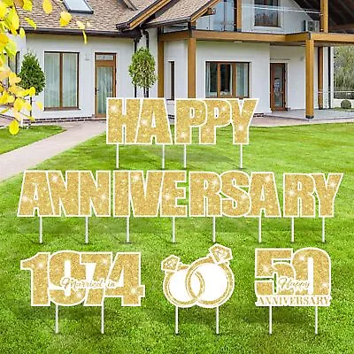 9PCS 50th Anniversary Yard Sign Decorations White Gold Happy 50th Wedding Law... • $29.18