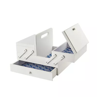 Medium Wooden Cantilever Sewing Box White With Geometric Design Interior • £39.99