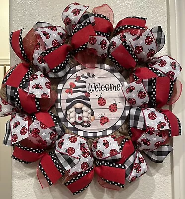 FARMHOUSE GNOME LADY BUG 🐞 BURLAP Deco Mesh Wreath 22 X 22 BUFFALO PLAID • $64.95