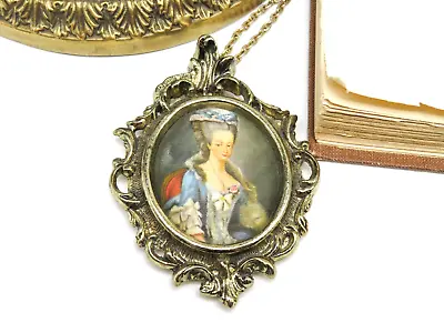 Vintage Large Antiqued Gold Silk Victorian Woman Portrait Pendant Necklace F53 • $25.49