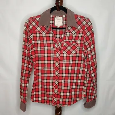 I Love H81 Women's Size S Flannel Shirt Red Plaid Collar Snap Up Long Sleeves • $18.85