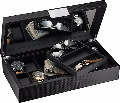 Glenor Co Luxury Watch And Sunglasses Box With Valet Tray For Men -14 Slot Black • £57.80