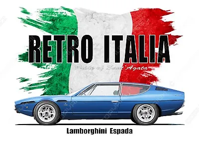 LAMBORGHINI ESPADA  T-shirt.  RETRO ITALIA. CLASSIC CAR. OLD SKOOL. FLAG. • £15