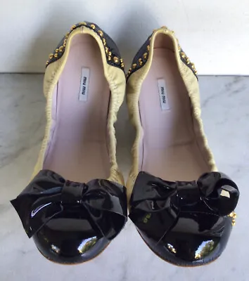 MIU MIU Patent Leather Ballerina Flat Shoes With Bow Studed Size 38.5 • $95