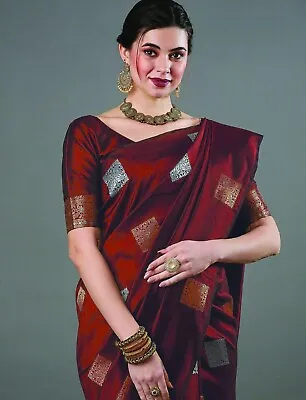 Women's Silk Blend Woven Design Kanjeevaram Saree With Blouse Flattened Metallic • $28.99