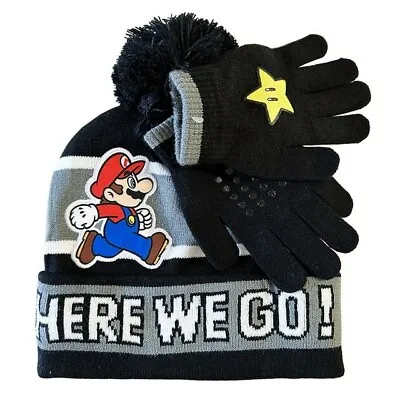 Super Mario Brothers Kids Boys Winter Black Beanie Hat Gloves Set Gift Toy NEW • $15.99