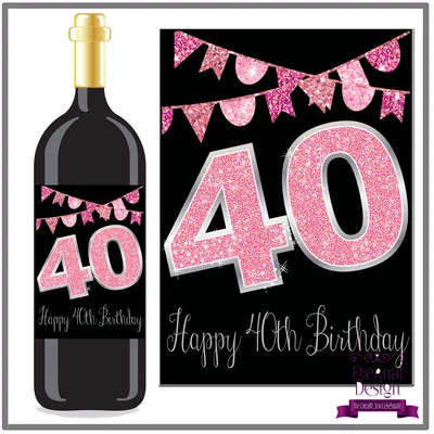 £1 • Buy Birthday Bottle Label / Sticker Wine Or Spirit Pink Sparkle On Black