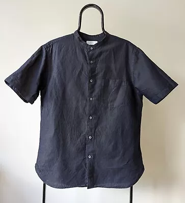 Uniqlo Dark Blue Chambray Linen Cotton Shirt Mens Short Sleeve Medium • £15