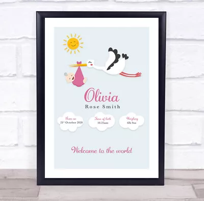 £64.95 • Buy New Baby Birth Details Christening Nursery Stork Light Skin Girl Gift Print