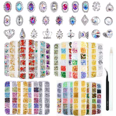 Nail Art Rhinestones Glitter Diamond Crystal Gold Mix Gem 3D Tips Box Tweezers • $12.86